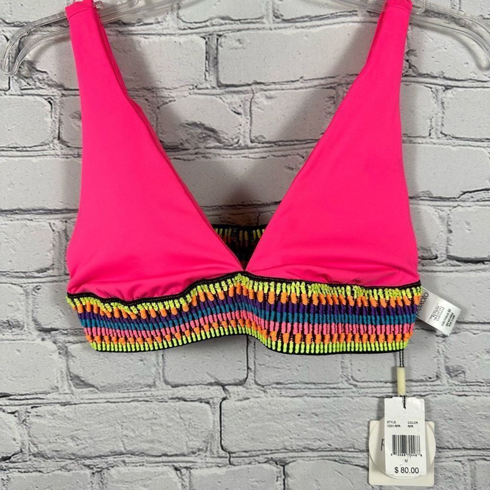 Peixoto Women’s Charley Textured V-Neck Bikini Swim Top Hot Pink with Neon M NWT